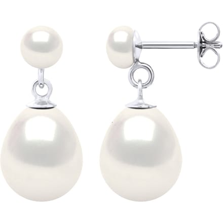 Dubbele Oorbellen Wit Goud - Echte Gekweekte Zoetwaterparels Knop 5-6 mm + Peer 10-11 mm