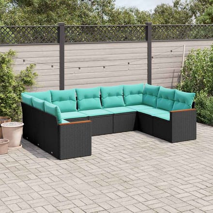 vidaXL - 9-delige - tuinbankset - met - kussens - van - zwart - polyrotan