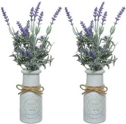 Lavendel kunstplant - 2x stuks - in witte pot - paars - H32 cm - lavandula