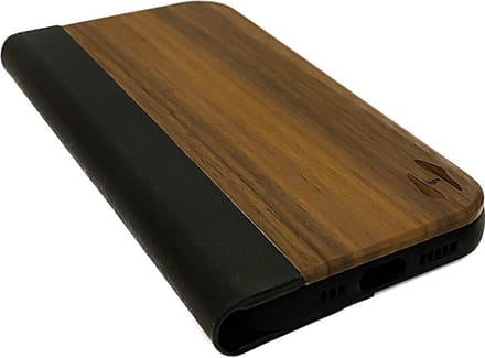 Houten design flip case, iPhone 13 mini – Noten met zwart leer