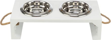 Set Houten Voerbak en Waterbak RVS Met Antislip Poten Wit