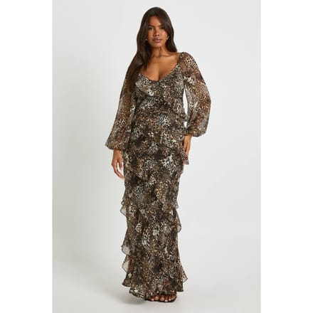 boohoo Dames Luipaard Chiffon Ruche Maxi-jurk | Brown | Maat: 8