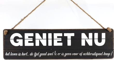 Tekstbord 'Geniet nu het leven is kort, de tijd gaat snel' 10x35 cm