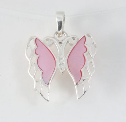 Fijne zilveren vlinder hanger met roze parelmoer