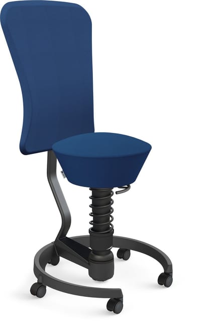 Aeris Swopper with backrest footring with castors (soft floor), black spring strut type: standard, black, spring black seat cover: wool blend Select (Gabriel), blue backrest pole: black, backrest cover: wool blend Select (Gabriel), blue