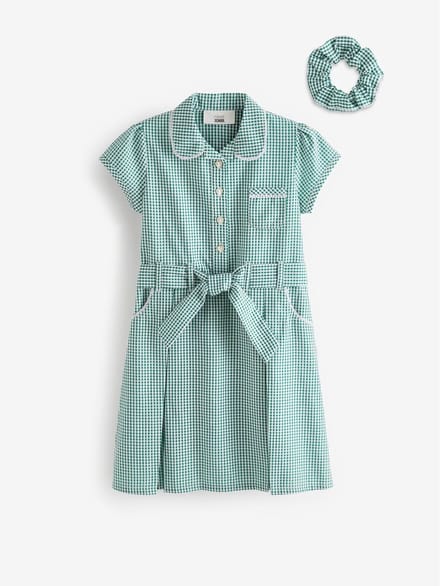 Next - Meisjes - Katoenrijke schooljurk met ceintuur en scrunchie - Groen