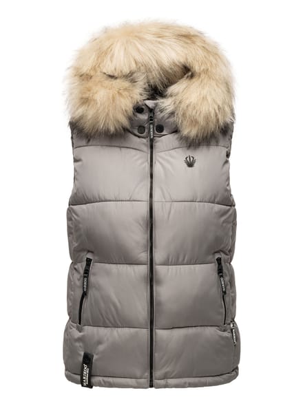 Marikoo dames gewatteerd vest – Eisflöckchen met capuchon & imitatiebontkraag