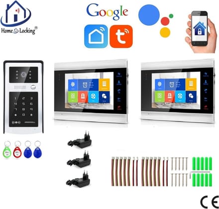 WIFI videofoon/intercom met 1 deurbel camera + 2 binnen paneel/schermen en kan werken met spraak gestuurde apps. T-2103-1--2.