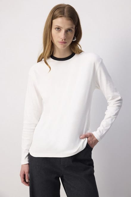 Touché Privé - T-shirt met geribde kraag (100% katoen) - Ecru - Dames