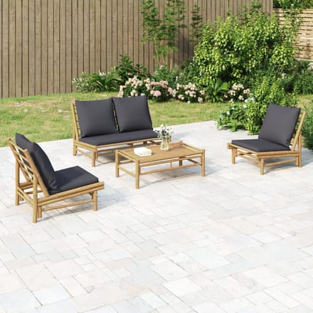 vidaXL - 4-delige - Loungeset - met - kussens - bamboe - donkergrijs