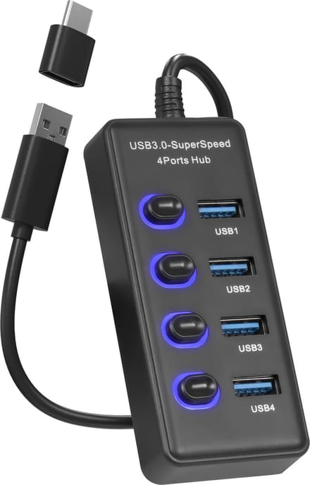 Nuvance Usb Hub - 3.0 – 4 Poorten - Usb Splitter – USB C Hub/Adapter - Universeel - Aan/Uit Switch - met Licht - Zwart