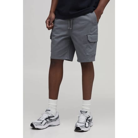 Lange Smalle Pasvorm Twill Middellange Cargo Shorts | Grey | Size Medium