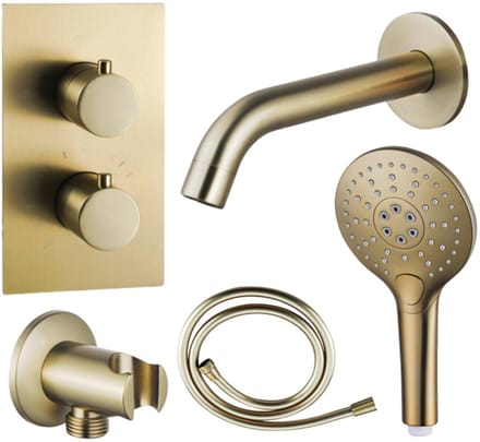 FugaFlow Eccelente Acces Badkraan set - uitloop - 22cm inkortbaar - gladde slang - ronde handdouche - inbouwdeel - wandhouder - geborsteld messing