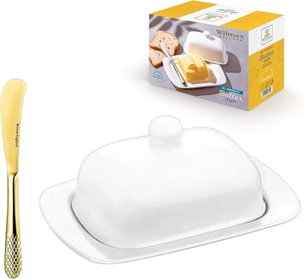 Wilmax England Boterdoos Porselein Wit met Gouden Mes Set