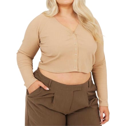 Brave Soul Dames Geribbeld V-Hals Plus Lange Mouwen Crop Top (Taupe)