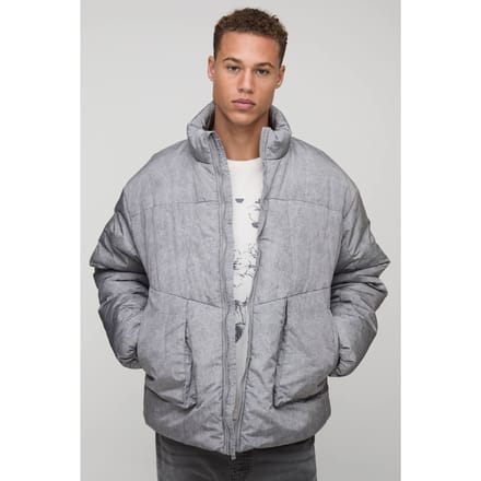 Hoge Oversized Pasvorm Gewassen Nylon Gewatteerde Trechterkraag Pufferjas | Grey | Size Medium