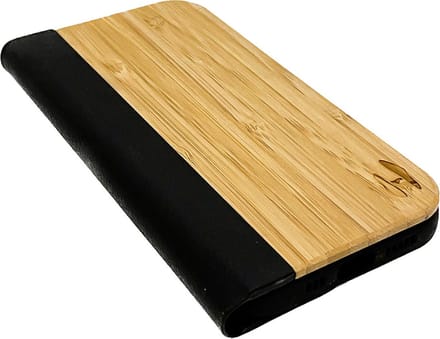 Houten design flip case, iPhone 13 – Bamboe met zwart leer