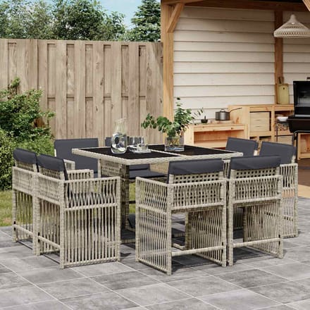 vidaXL - 9-delige - Tuinset - met - kussens - poly - rattan - lichtgrijs