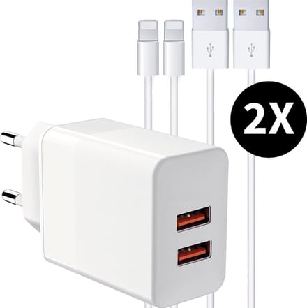 USB Lader met 2x Oplaadkabel - Geschikt voor iPhone X en ouder - 2 Poorten - USB A - 12 Watt