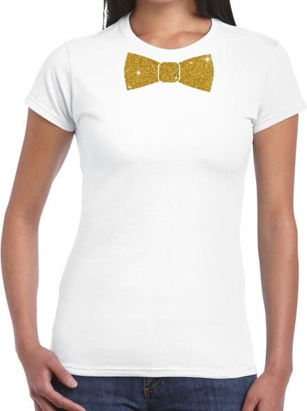Wit fun t-shirt met vlinderdas in glitter goud dames S
