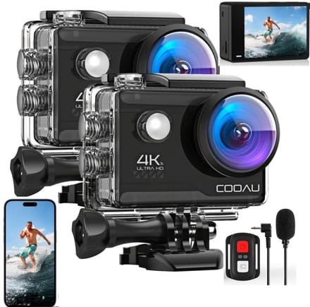 COOAU Action Camera - 4K 20MP - 60FPS / 40M Waterdicht / WiFi - Touchscreen - Externe Microfoon - Inclusief Accessoires - Actiecamera - Onderwatercamera - 2Stuks
