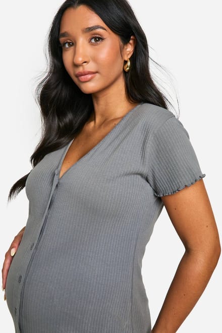 boohoo Dames Maternity Ribbed Button Down Nightie | Houtskool | Maat: 44