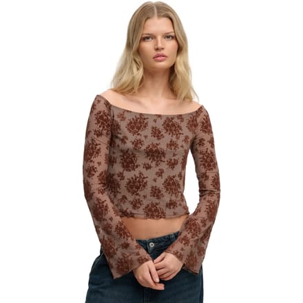 Superdry Flocked Mesh Top Met Lange Mouwen Brown Grootte: 40