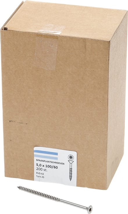 Hoenderdaal Spaanplaatschroef RVS platverzonken kop TX25 deeldraad 5.0X100/60 (per 200 stuks)
