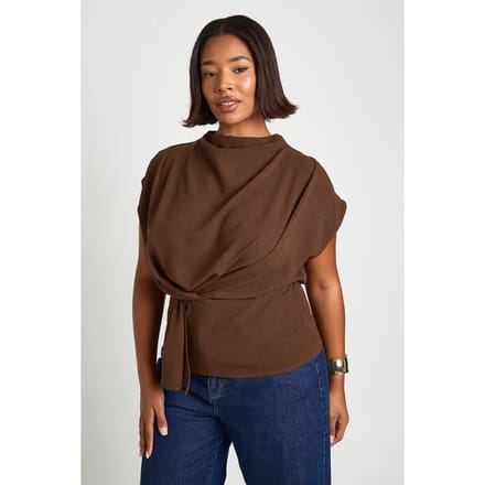 boohoo Dames Plus Knot blouse met vallende kraag | Chocoladebruin | Maat: 44