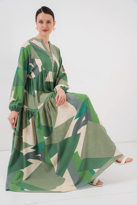 Geprinte V-hals Maxi-jurk met knoopsluiting