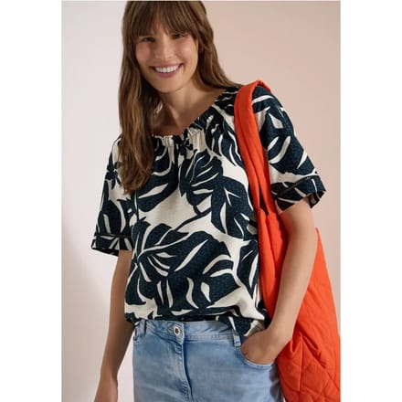 Carmen blouse met korte mouwen en bladprint