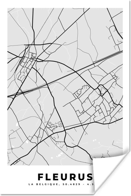 Poster Zwart Wit – België – Plattegrond – Stadskaart – Kaart – Fleurus - 40x60 cm
