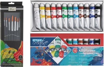 Toppoint Acrylverf schilderset - 12x gekleurde tubes van 12 ml - met 7x schilderpenselen