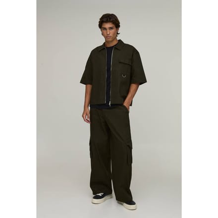 Oversized Overshirt Met Korte Mouwen & Wijde Cargo Broek Set | Khaki | Size Medium