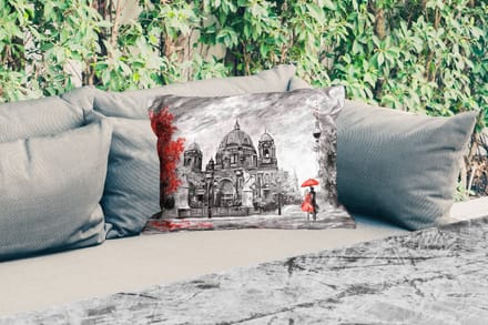 Buitenkussens - Tuin - Schilderij - Architectuur - Boom - Rood - 50x30 cm