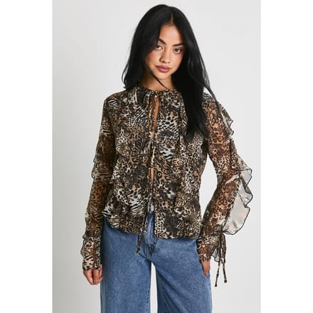 boohoo Dames Luipaard-Chiffon blouse met band aan de voorkant | Brown | Maat: 6