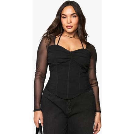 boohoo Dames Plus Bengaline Corset Top met Mesh Mouwen | Zwart | Maat: 48
