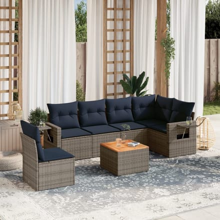 vidaXL - 7-delige - tuinbankset - met - kussens, - grijs - polyrotan