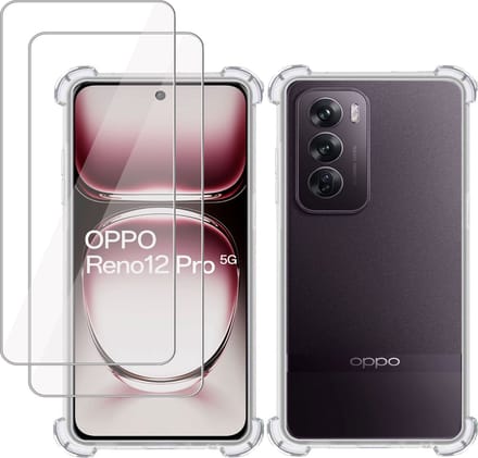 Hoesje + 2x Screenprotector geschikt voor OPPO Reno 12 – Tempered Glass - Extreme Shock Case Transparant