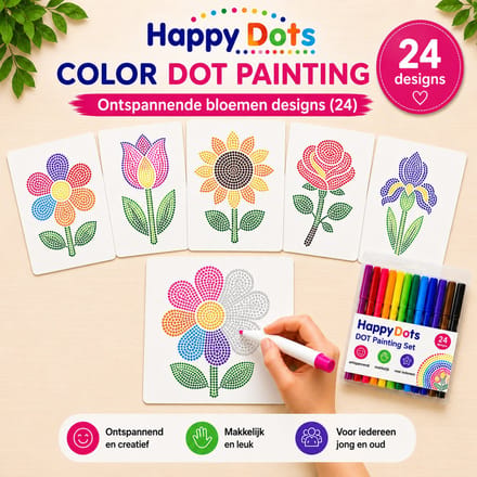 HappyDots Color DOT Painting set Bloemen - 24 kleurplaten + stiften set