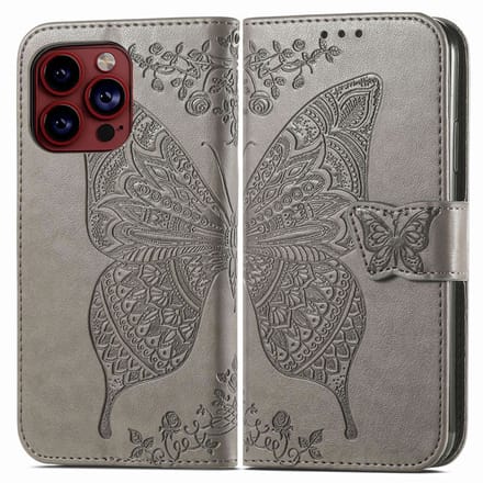 YPCd Bookcase geschikt voor Apple iPhone 15 Pro Max - Vlinder Design - Portemonnee / Wallet Hoesje - Grijs