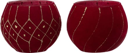 J-Line kaarshouder Lijnen/Geruit - fluweel - rood/goud - 2 stuks