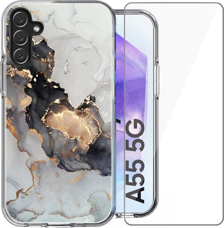 Hoesje geschikt voor Samsung Galaxy A55 - Screen Protector Glas - Back Cover Marmer Siliconen Case Wit & Screenprotector