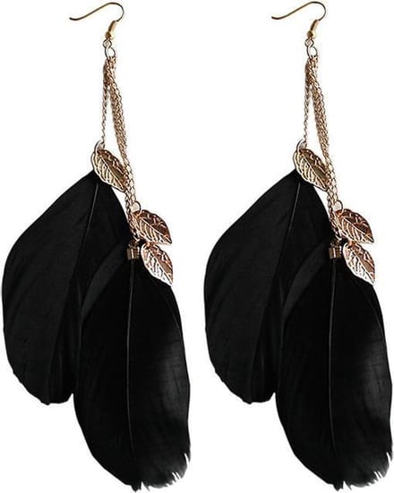 Fako Bijoux® - Veren Oorbellen - Oorhangers - Veren Trio Blaadjes - Zwart