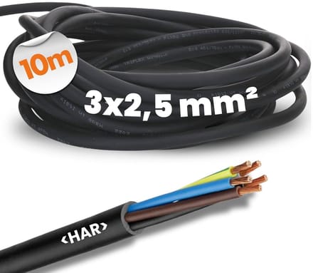 10 meter rubberen kabel 3x2,5mm² met beschermgeleider groen-geel voor buiten