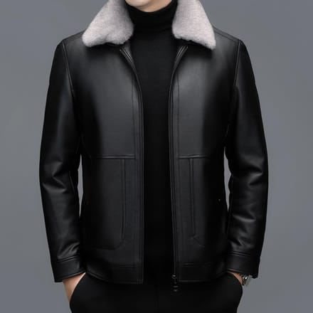 Winter Heren Echt Lederen Jas Kort Bont Eendelig Heren Verdikte Schapenvacht Jas Revers 4XL black