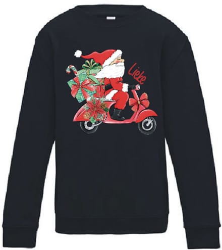 Grappige Kerst sweater met Kerstman op Scooter – Met Eigen Naam – Zwart maat S – Livingstickers