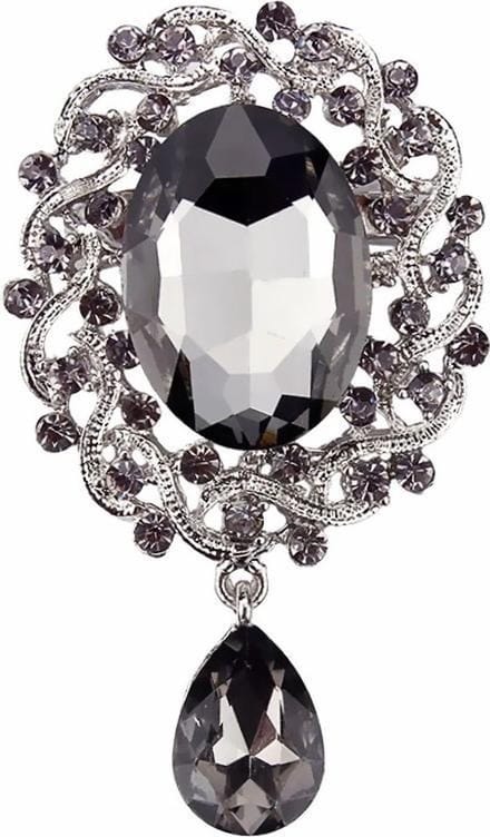 Fako Bijoux® - Broche - Geslepen Glas - Grijs - 41x70mm - Zilverkleurig
