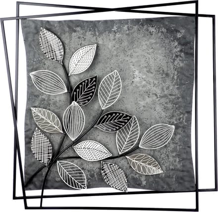 wanddecoratie bladeren met 3d vierkanten - metaal - grijstinten - 5x77x77 cm handgemaakt