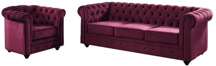 Vente-unique Driezitsbank en fauteuil CHESTERFIELD - velours - paars